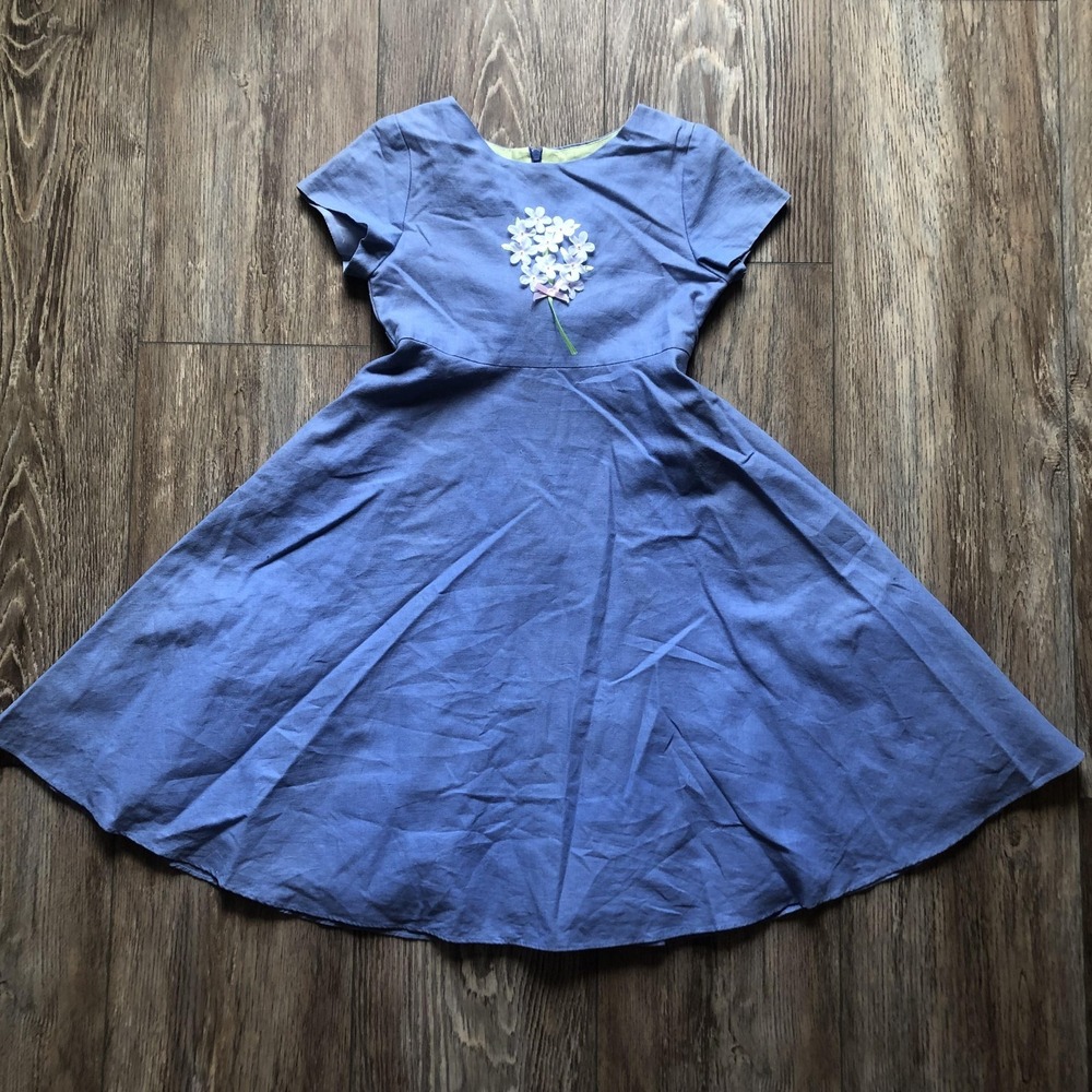 Plum Pudding Ltd Girls Dress Size 10 Blue Fit & Flare Belted Bow Linen A6207